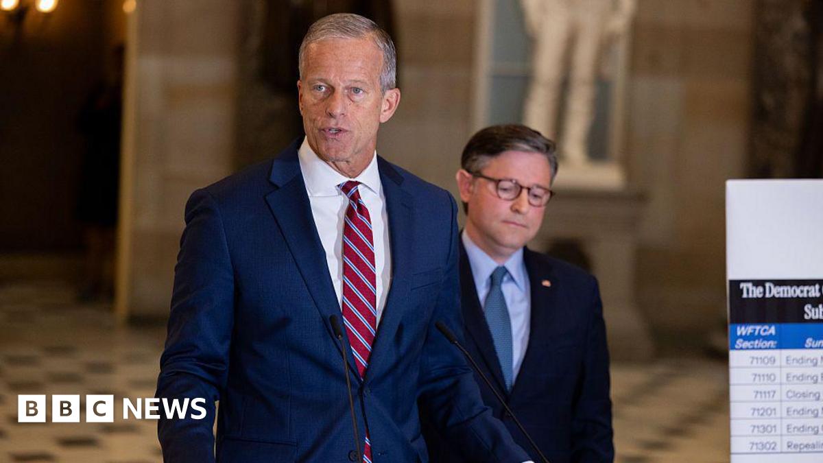 Senate Majority Leader John Thune and House Speaker Mike Johnson speaking on Capitol Hill on 3 October.