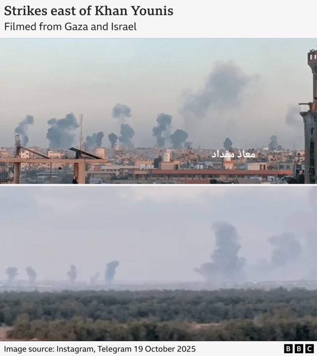 Two images - the top one taken from Gaza, the bottom from Israel - shows smoke clouds on Sunday