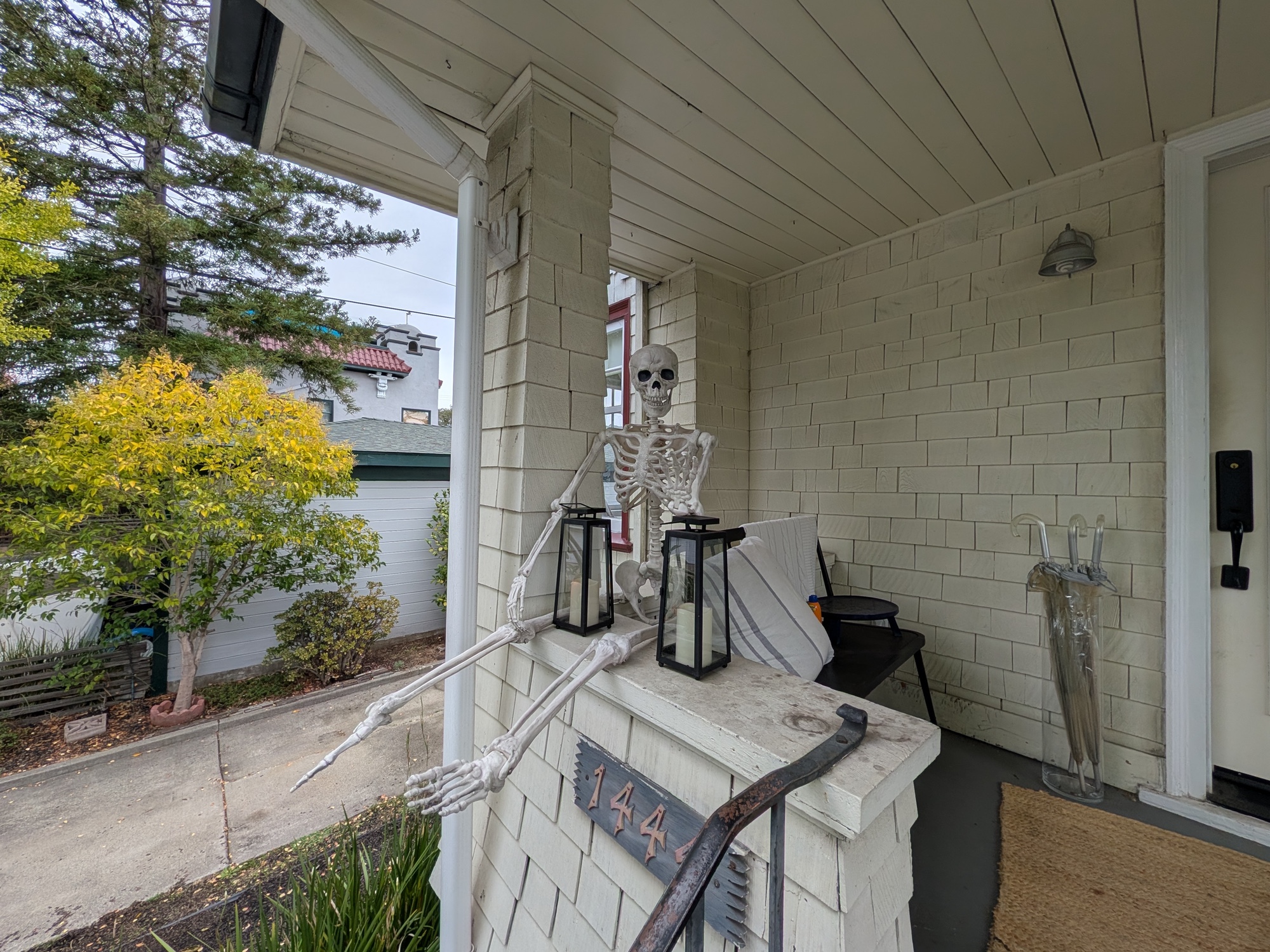 Skeleton on porch shot by Pixel 10 Pro