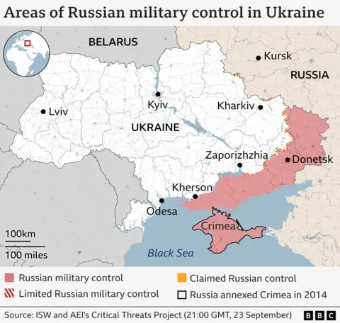 Map showing which areas of Ukraine are under Russian military control or limited Russian control