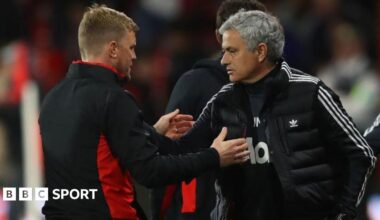 Eddie Howe and Jose Mourinho shake hands after Bournemouth's game against Manchester United in 2018