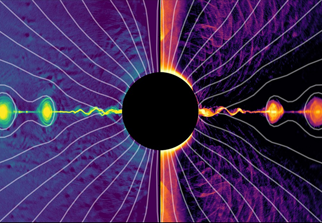Illustration showing how SMBHs accelerate plasma along equatorial plane and spin axis to relativistic speeds, forming jets powered by the Blandford–Znajek mechanism. Credit: Meringolo, Camilloni, Rezzolla (2025)