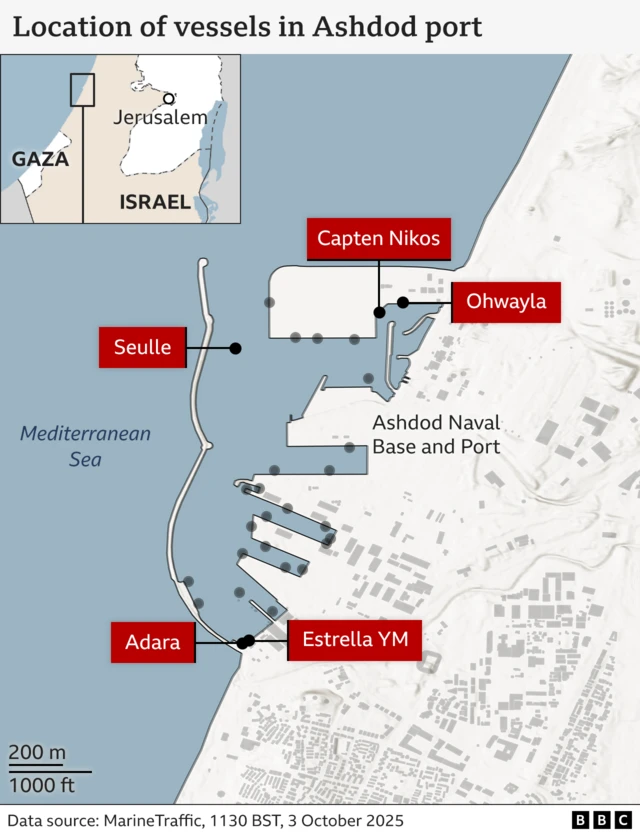 A graphic showing the location of the five vessels at Ashdod Port.