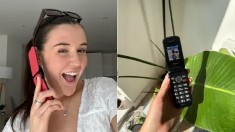 Jess Farnham Jess Farnham, pictured left using her old phone and smiling. Right: an image of the 2000s-era flip-phone she uses