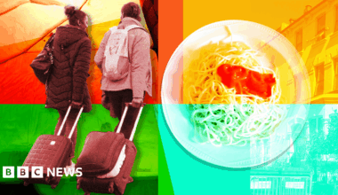 Brightly coloured composite image featuring red, green and yellow. There are two young women, their backs to the camera, wheeling small suitcases on the left - and a photo of a plate of spaghetti with bright red tomato sauce on the right.