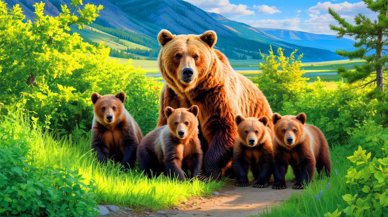 Illustration of a grizzly bear mother with five cubs in Yellowstone National Park.