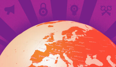 Globe showing Europe with digital rights icons