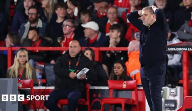 Ange Postecoglou has hands on his head as he watches Nottingham Forest slide to defeat