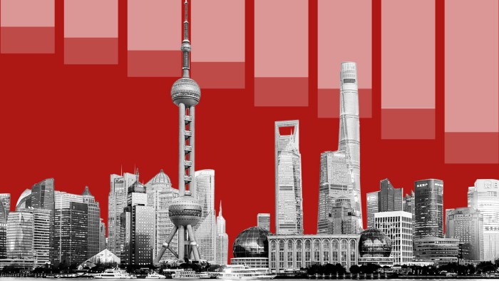 A montage showing the Shanghai skyline in black and white with red bars above
