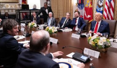 Donald Trump, right, meets Argentina’s President Javier Milei, left, in the Cabinet Room at the White House in Washington on October 14 2025