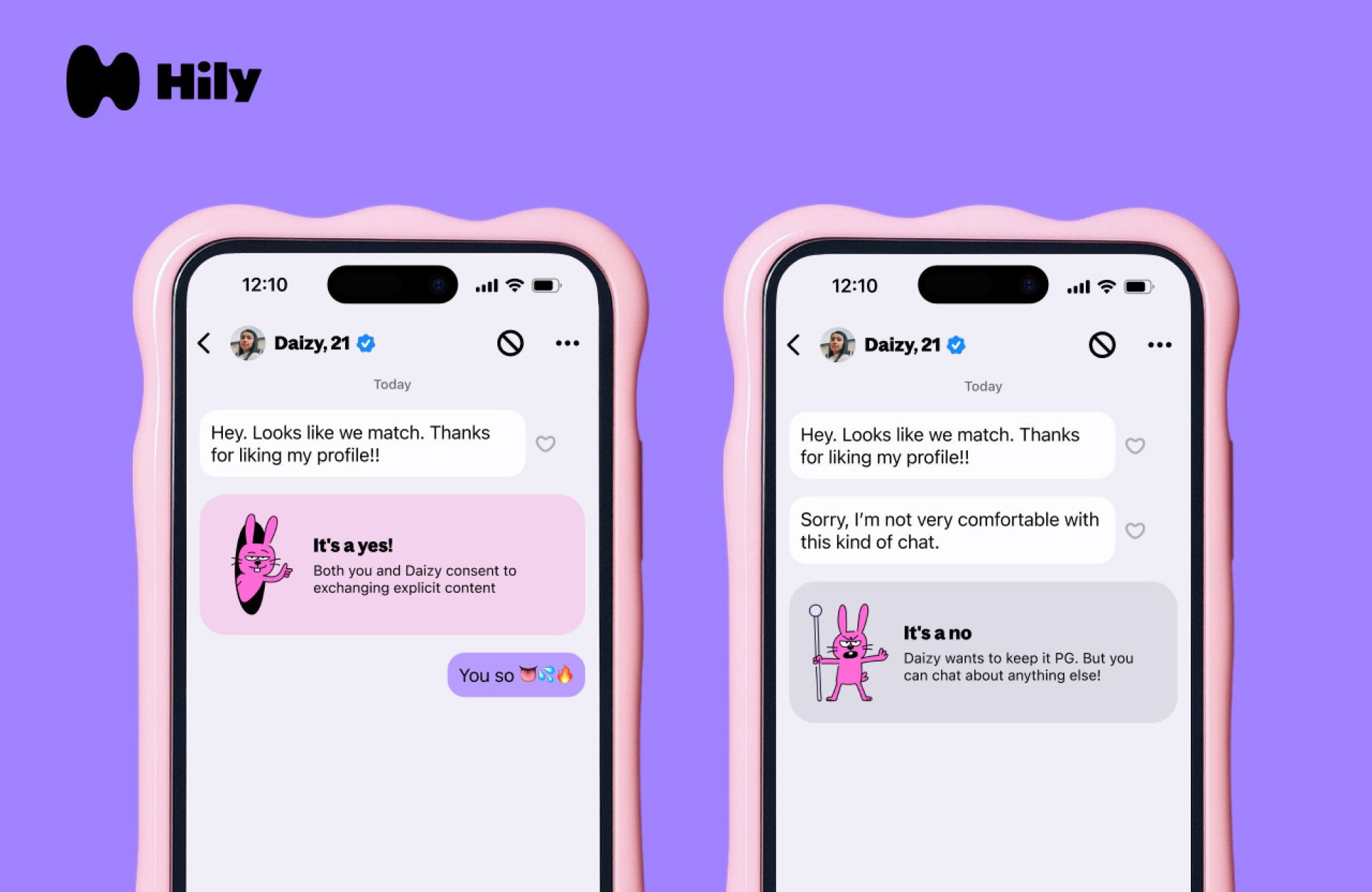screenshots with hily's consent guard. left: 'It's a yes! Both you and Daizy consent to exchanging explicit content' right: 'It's ano Daizy wants to keep it PG. But you can chat about anything else!'