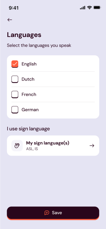 screenshot of languages page on breeze showing checkboxes for english, dutch, french, and german and a section that states 'i use sign language'