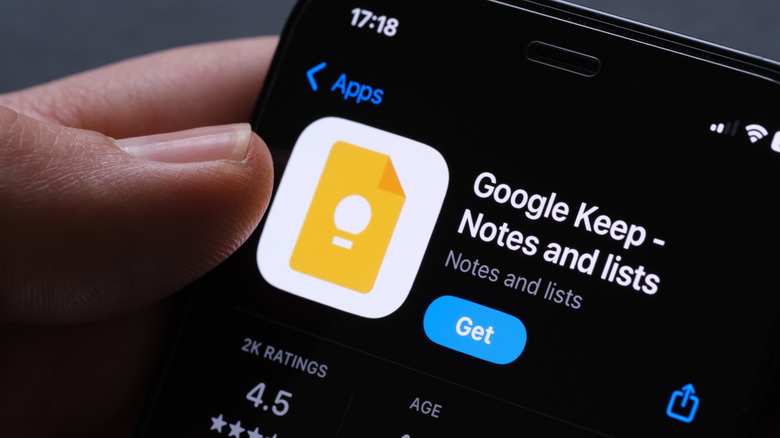 Google Keep notes app on the app store of a smartphone