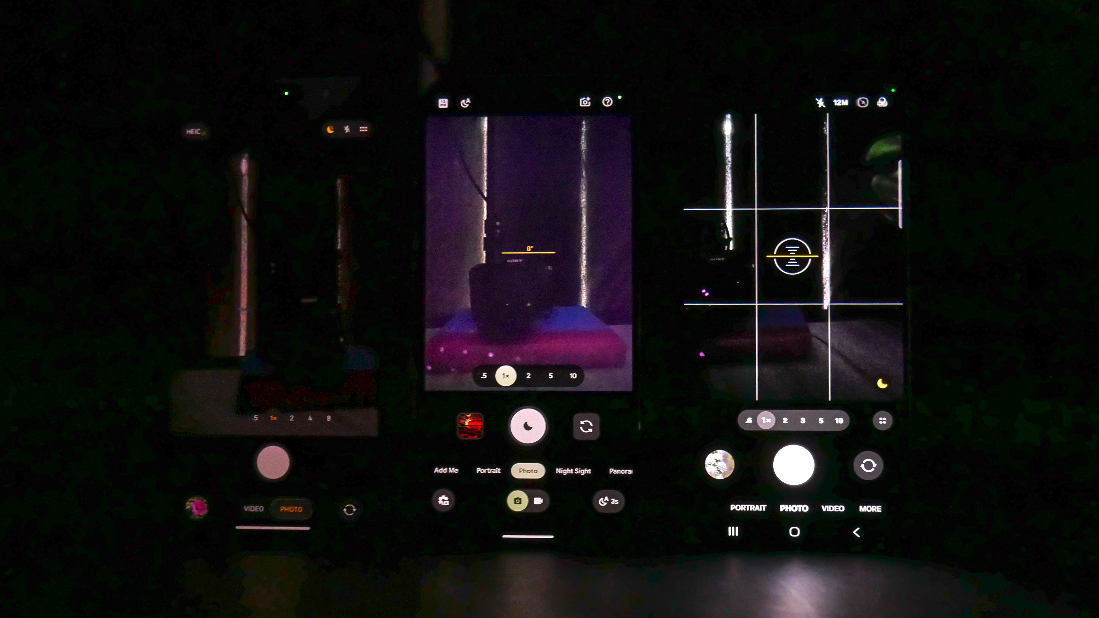 Camera interface of iPhone 17 Pro Max, Galaxy S25 Ultra and Pixel 10 Pro XL in low light
