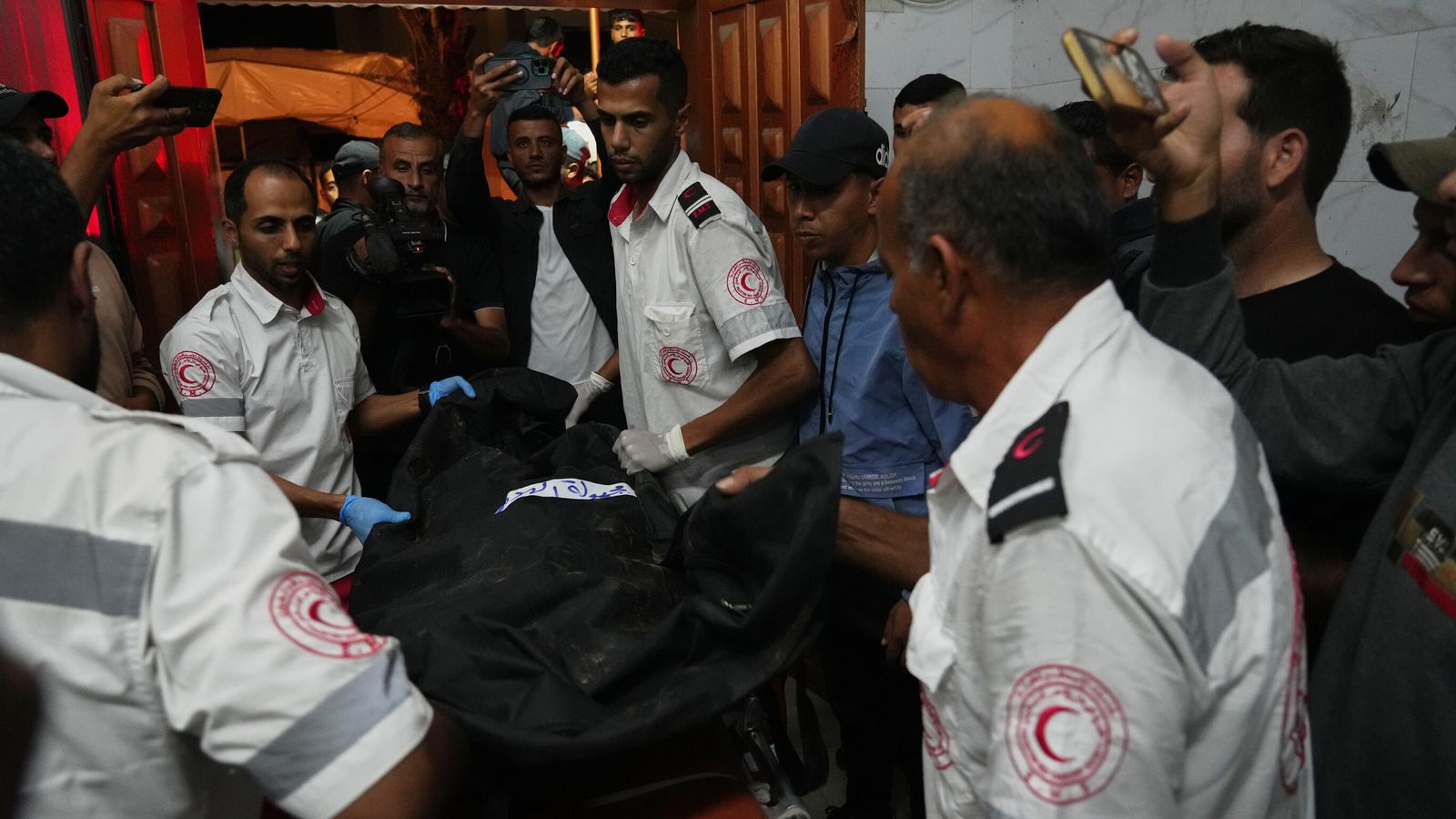 The bodies of Palestinians killed in an Israeli army strike are brought to Nasser Hospital in Khan Younis on Tuesday. Pic: AP