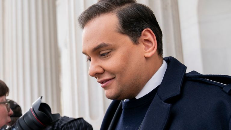 George Santos leaving the Capitol in December 2023 after being expelled from the House of Representatives. Pic: AP