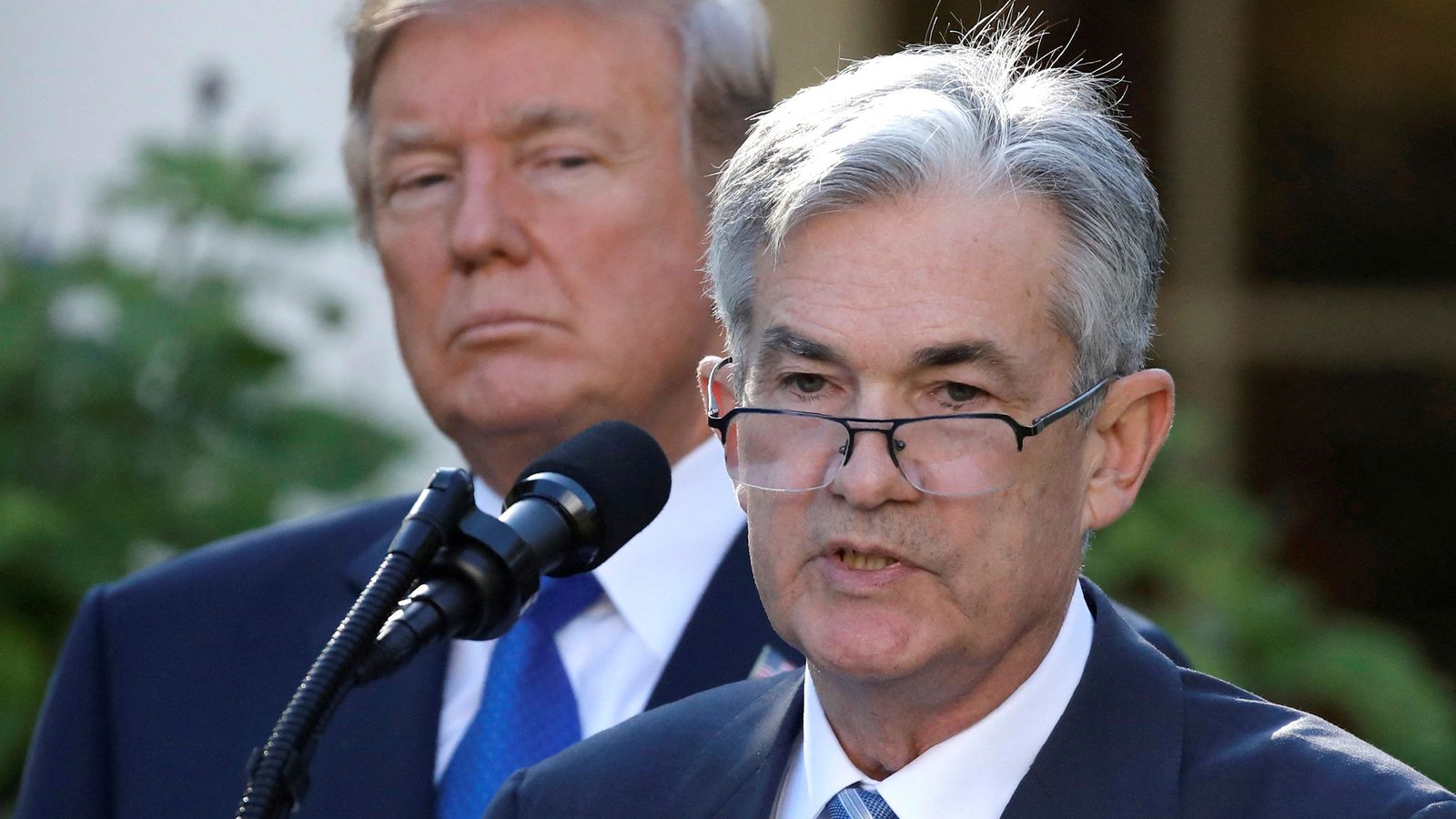 President Donald Trump looks on as Jay Powell speaks at the White House in 2017. File pic: Reuters