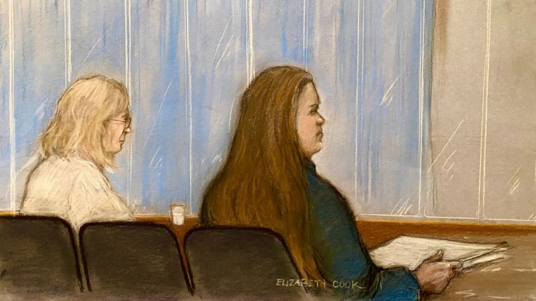 A previous court sketch of Karen Spragg (left) and Julia Wandelt (right), with Kate McCann sitting behind a blue curtain. Pic: PA