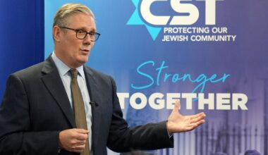 Sir Keir Starmer at the Community Security Trust in north west London today. Pic: PA