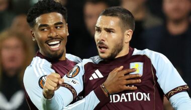 Aston Villa's Emi Buendia (right) celebrates with Ian Maatsen after scoring against Feyenoord