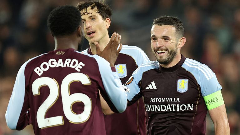 John McGinn is congratulated after scoring Aston Villa's second goal against Feyenoord in the Europa League
