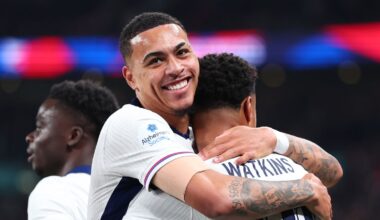 Morgan Rogers celebrates scoring for England against Wales