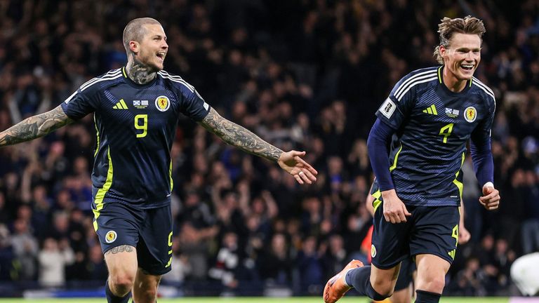 Lyndon Dykes celebrates his 10th Scotland goal vs Greece