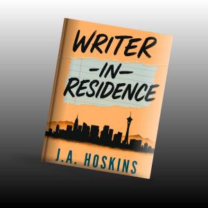The image shows the Writer-in-Residence Book Cover, featuring a Las Vegas skyline set against a backdrop of hills.