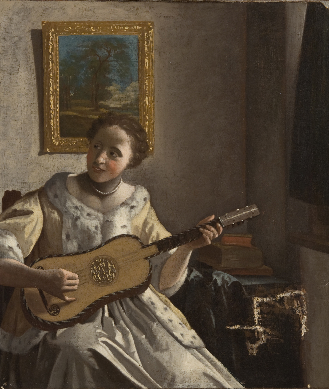 Oil painting depicting a woman playing a guitar.