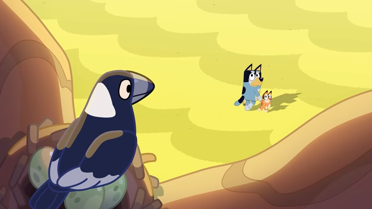 Illustration of a magpie in its nest looking at Bluey and Bingo.