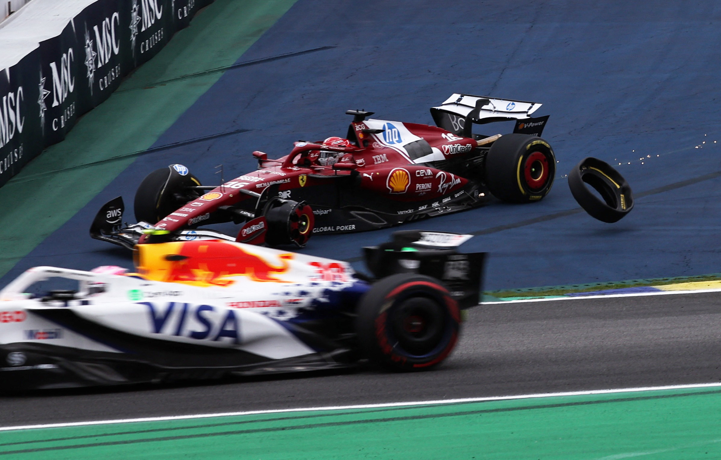 Ferrari's Charles Leclerc losing a wheel from his race car at the Sao Paulo Grand Prix.