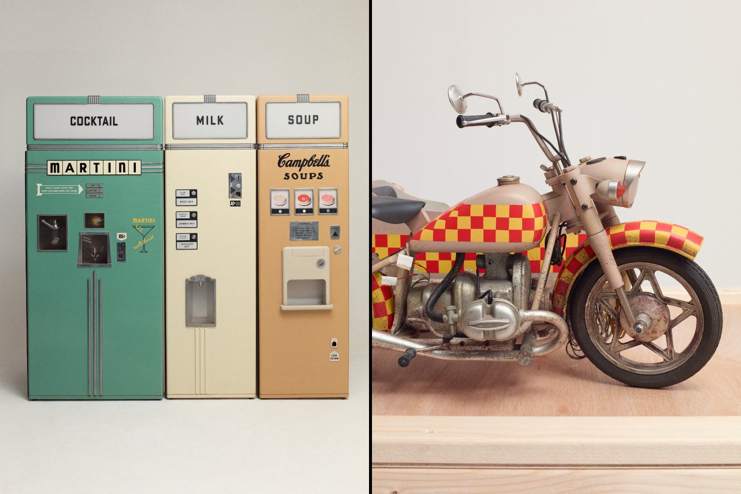 A collage of three vintage vending machines for cocktails, milk, and soup, next to a detailed model motorcycle with a checkered pattern.