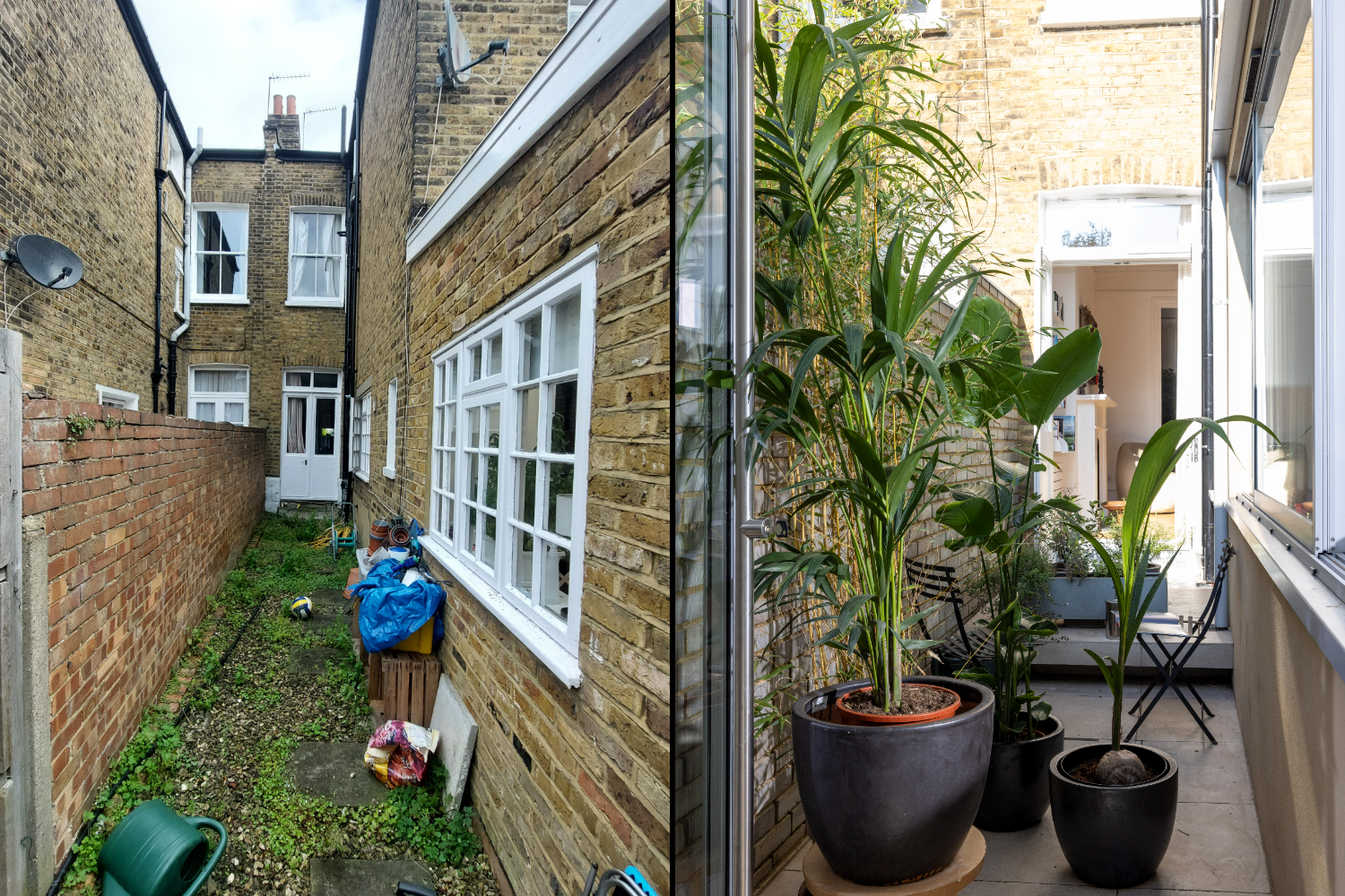 Collage of a narrow, unkempt backyard with overgrown grass and clutter, next to a renovated balcony with potted plants.