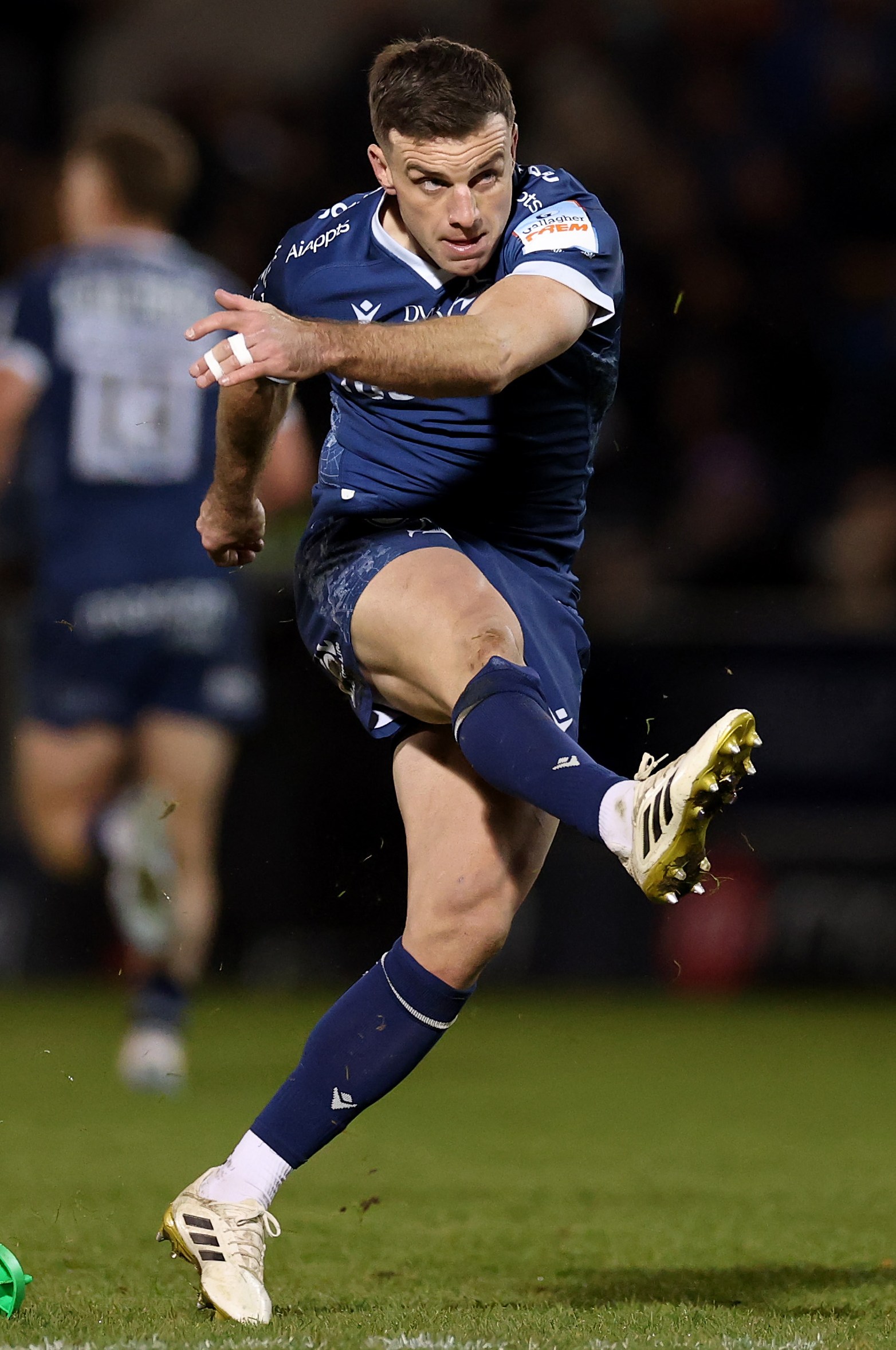 George Ford of Sale Sharks kicks a conversion during the Gallagher PREM match.