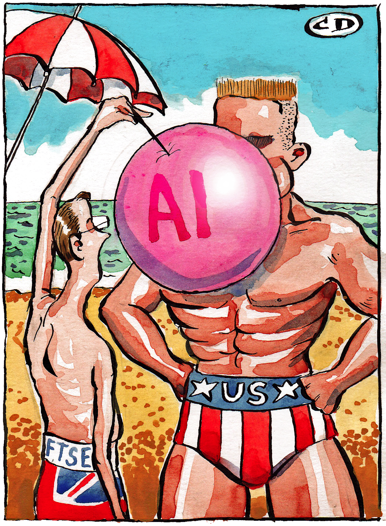 Illustration of a buff man labeled US with AI as a thought bubble, next to a smaller man labeled FTSE holding an umbrella.