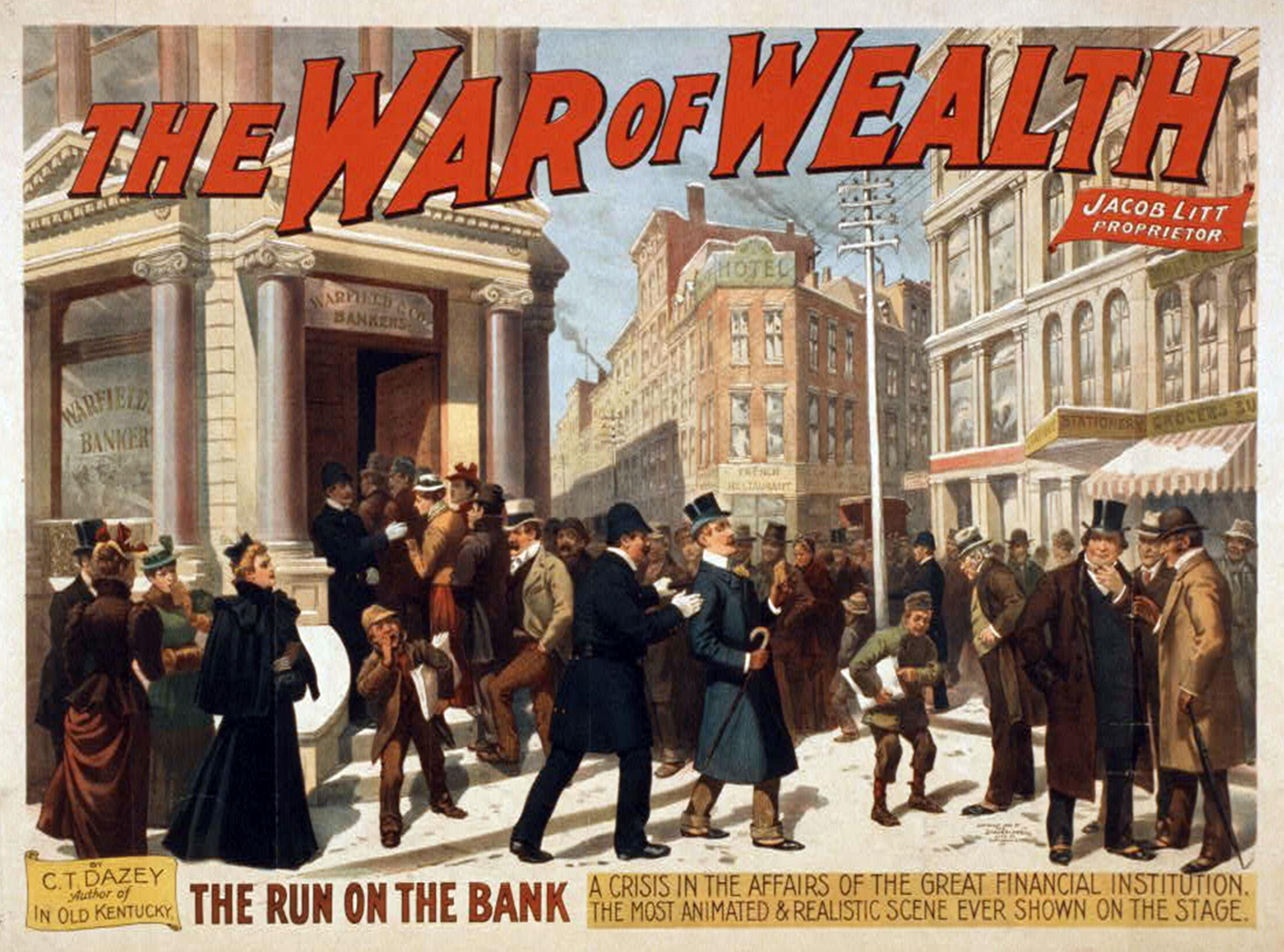 Illustration for "The War of Wealth" showing a crowded street with a bank, a hotel, and people in various states of agitation.
