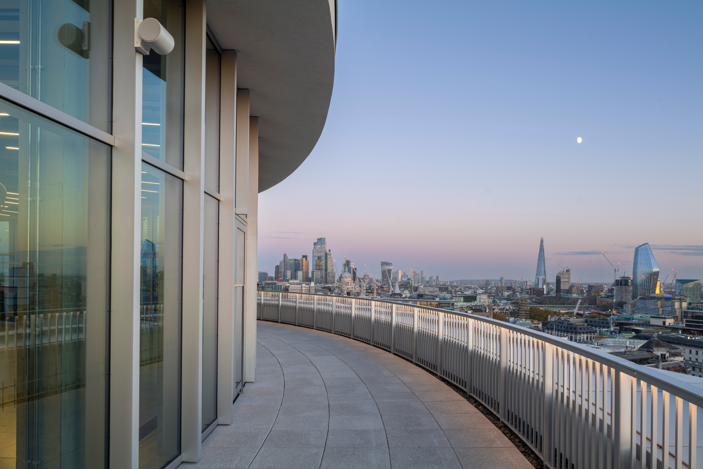 Rooftop balcony of the Space House with a view of London's skyline.