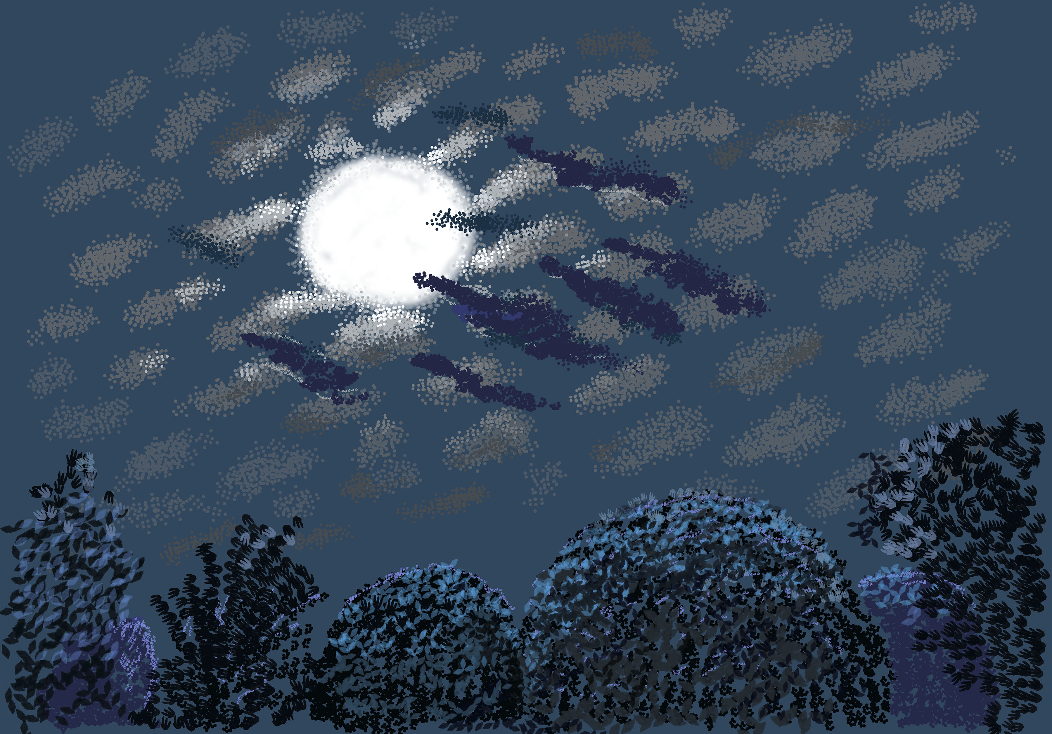 Illustration of a full moon surrounded by clouds and dark bushes.