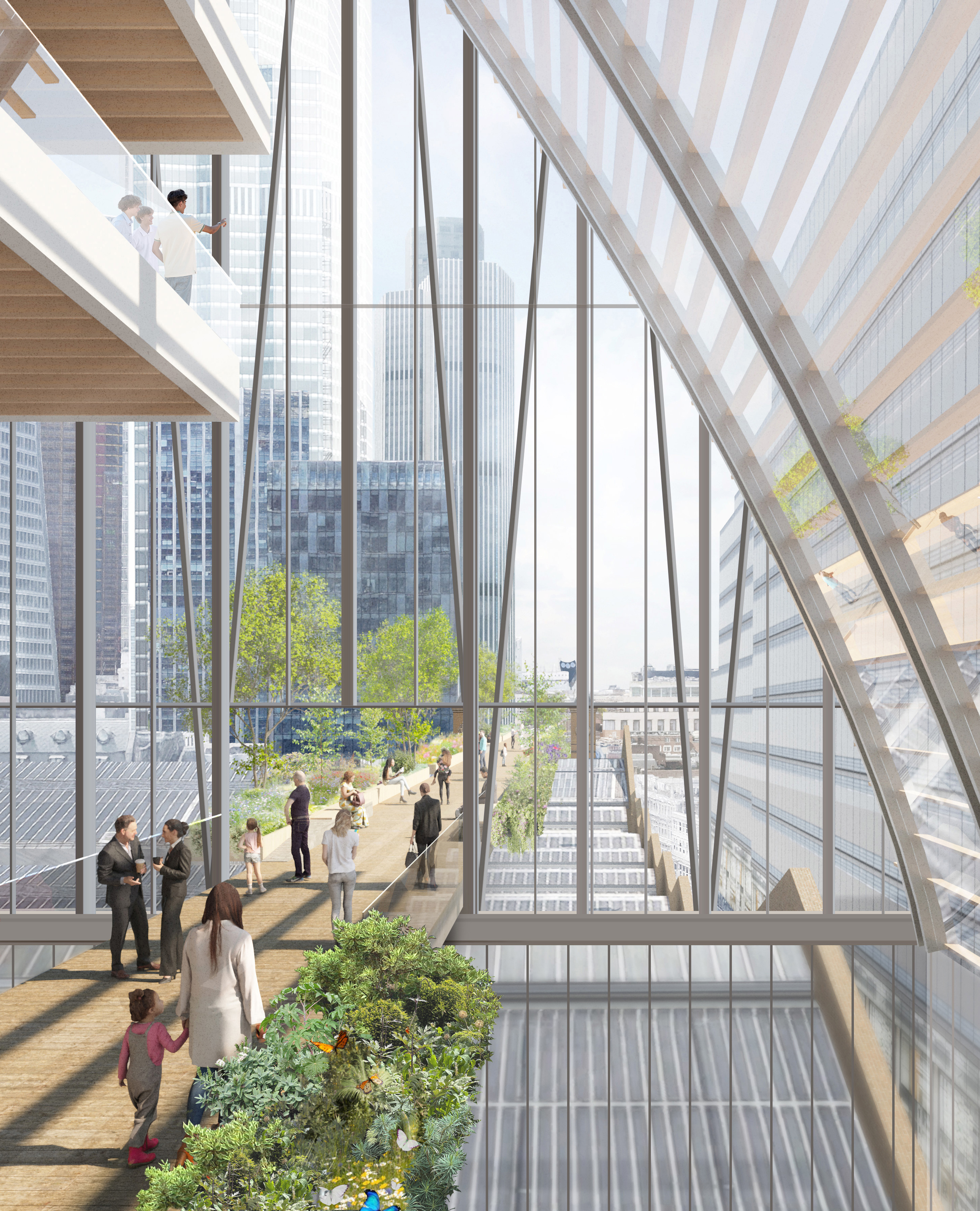 Illustration of the proposed new design for Liverpool Street Station in London, featuring multiple levels with people, greenery, and large glass windows.