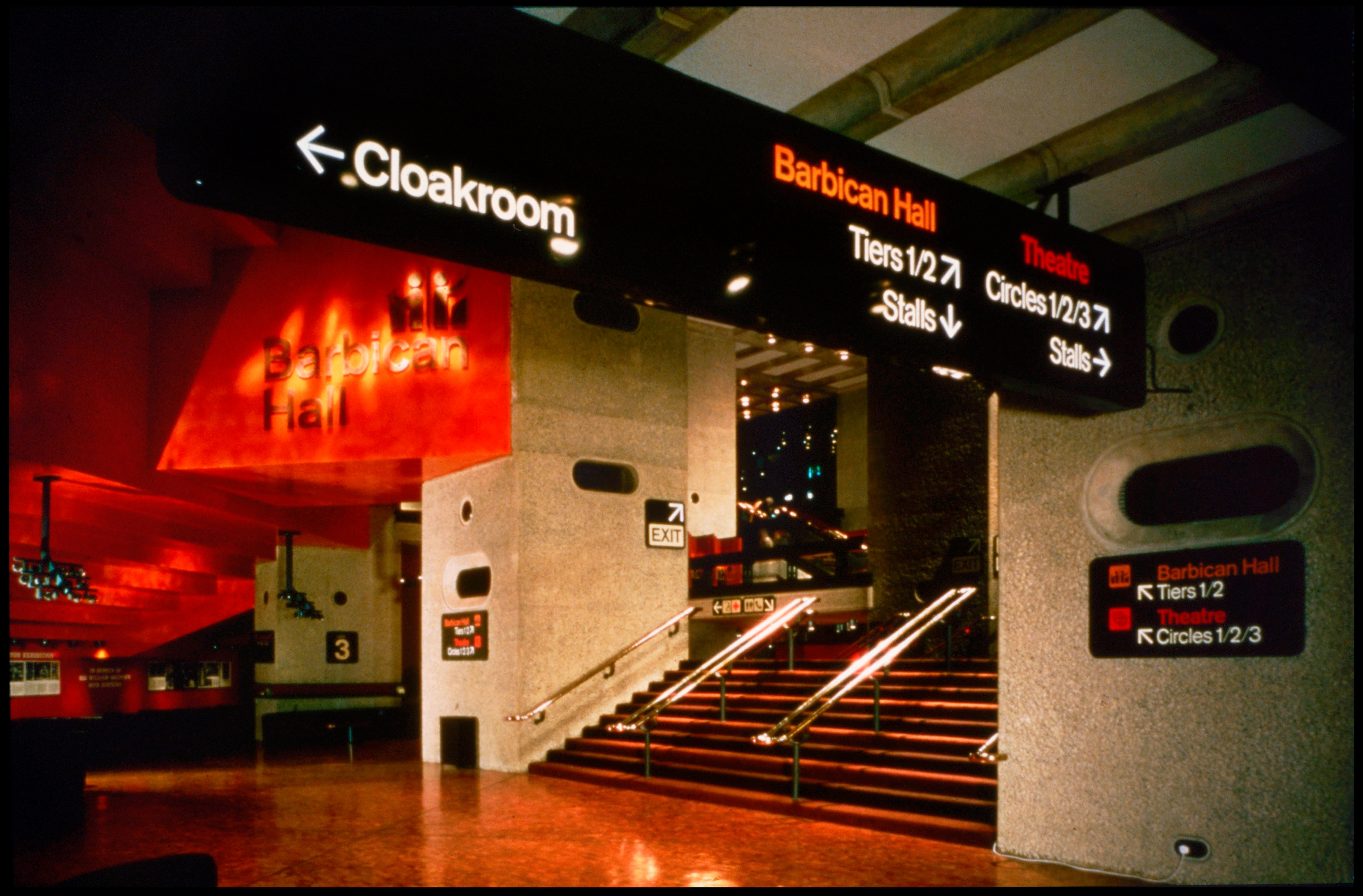 Early Foyer signs with confusing instructions at the Barbican.