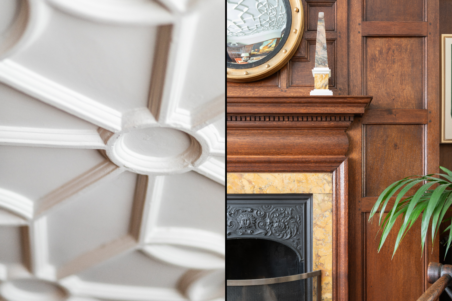 Collage of a white coffered ceiling and a fireplace with a decorative mantelpiece and an ornate black firebox.