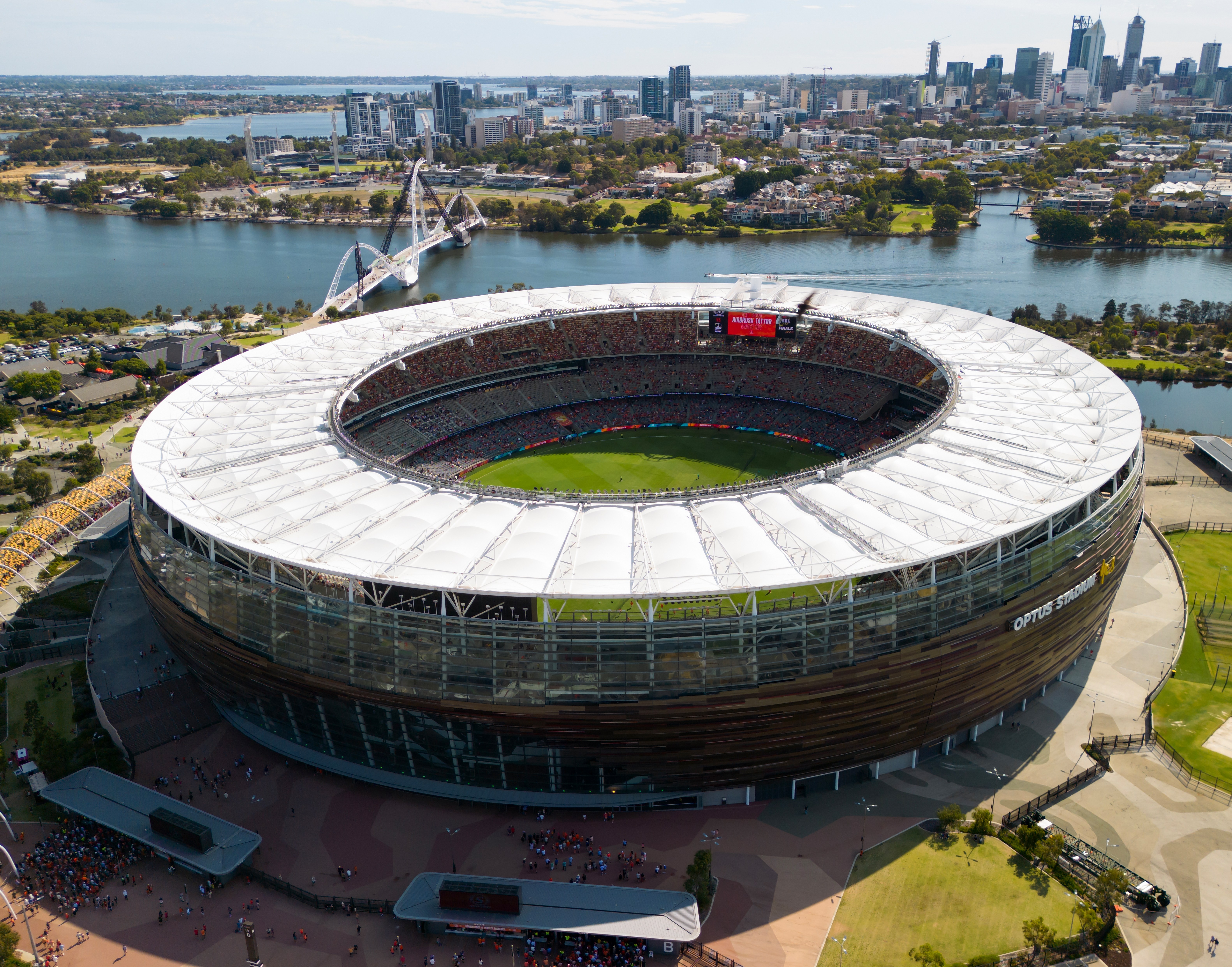 Aerial view of Optus Stadium with fans arriving for the Men's Big Bash League Final.