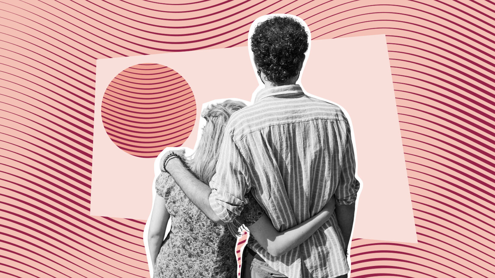 Illustration of a man and a woman embracing, with a light pink background and darker pink wavy lines.