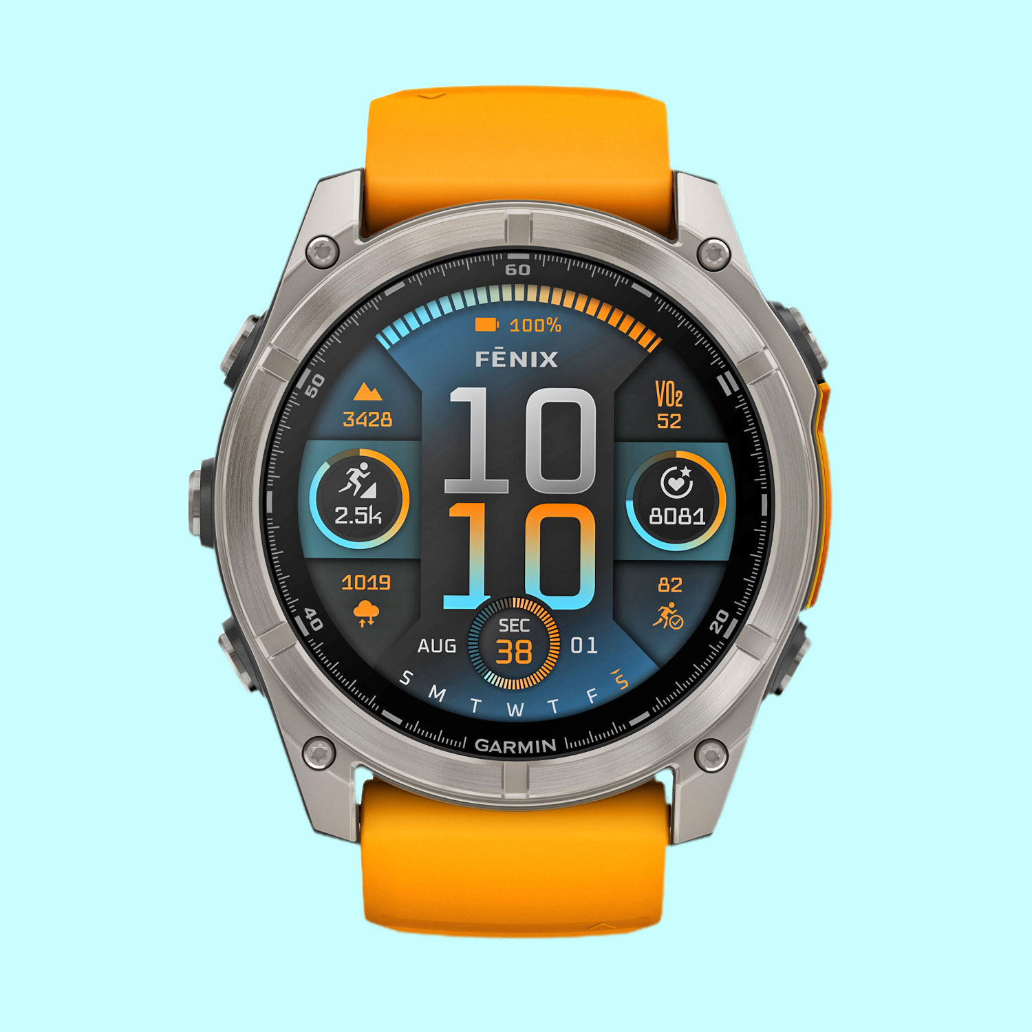 Garmin Fenix smartwatch with orange band.