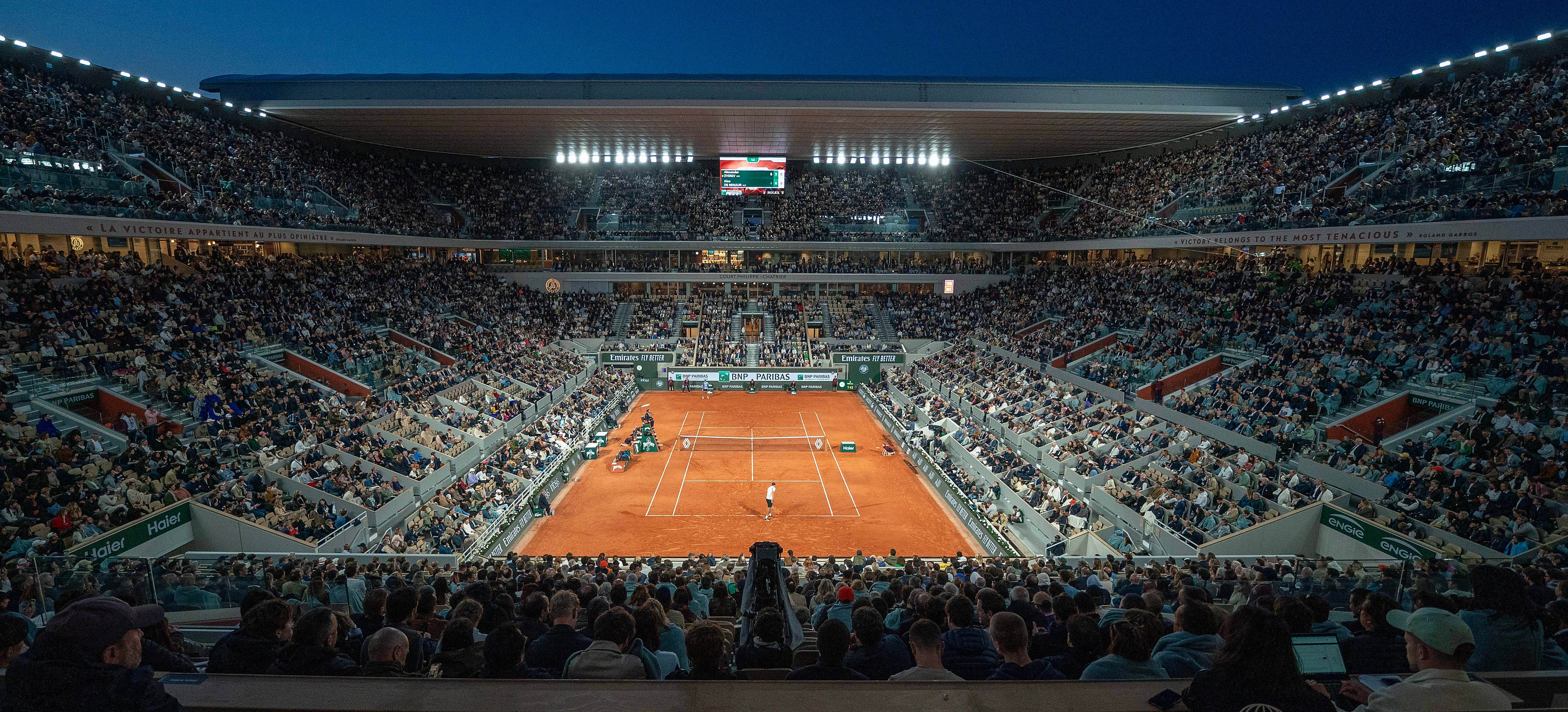 A general view of Court Philippe-Chatrier during a match between Alexander Zverev and Alex De Minaur at Roland Garros.
