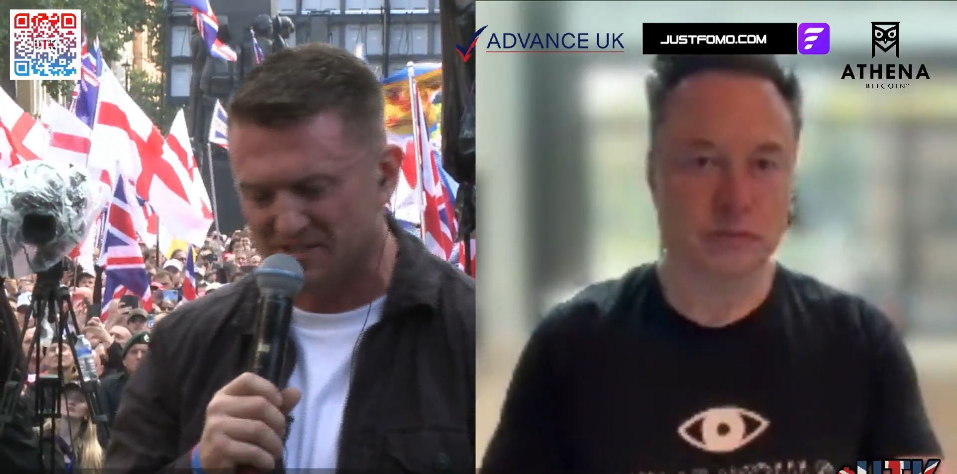 Tommy Robinson speaking at a march with Elon Musk on a video call shown on the right.