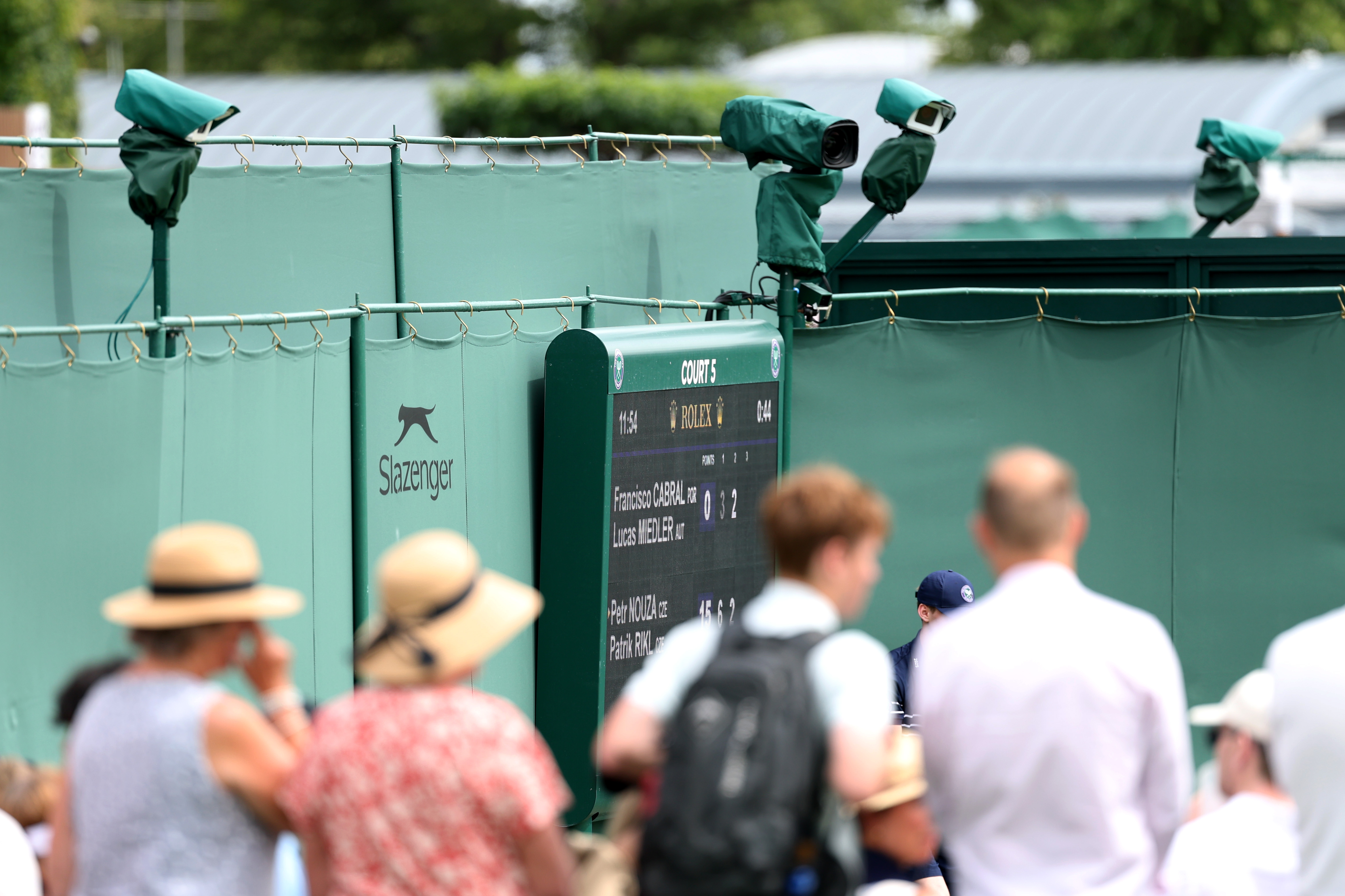 Hawk-Eye cameras and a scoreboard on Court 5 at Wimbledon.