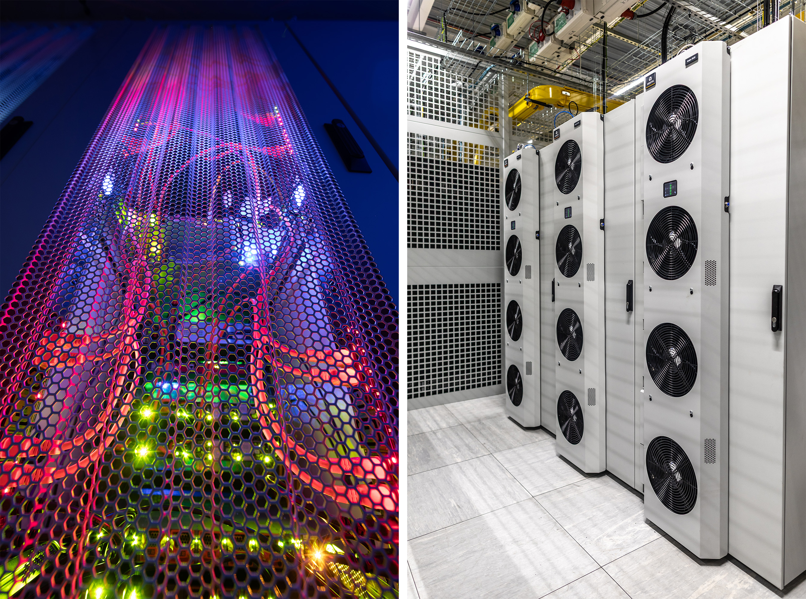 Collage of server racks with colorful lights and server cooling units.