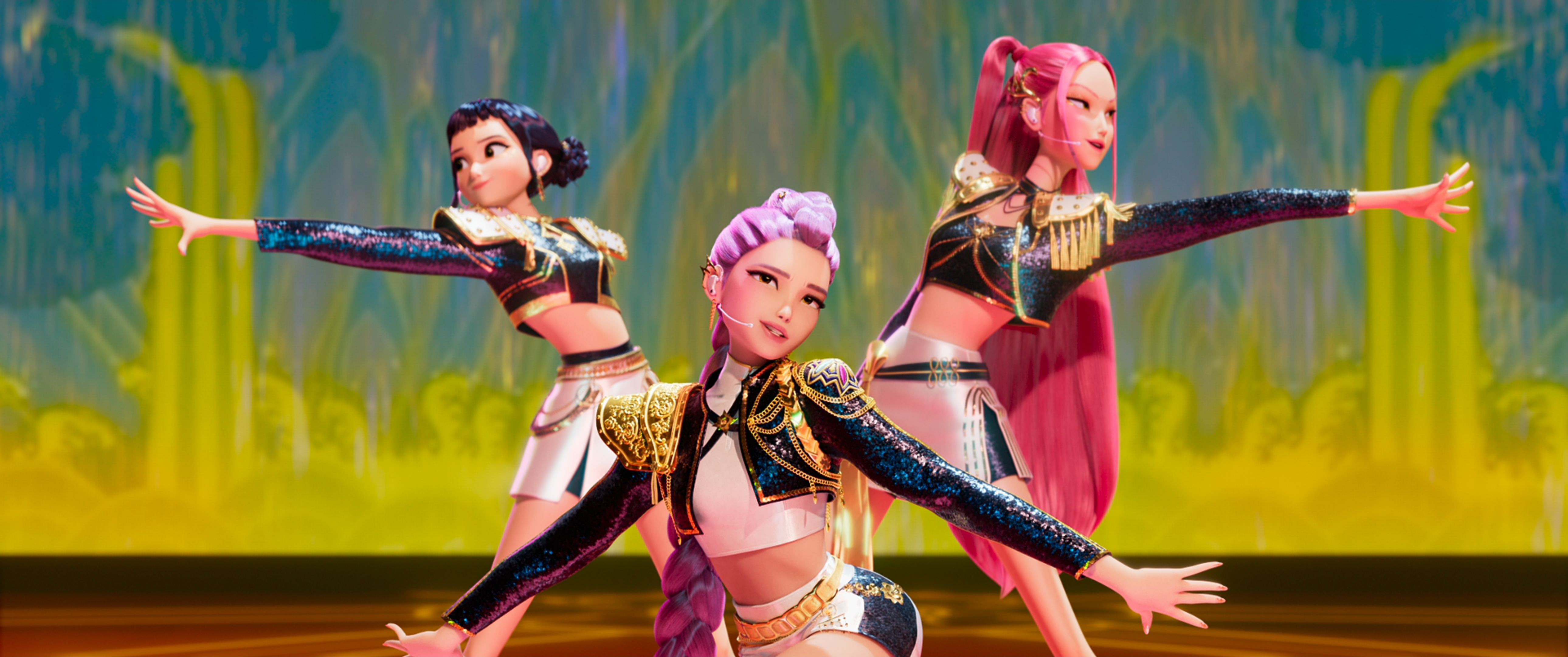 Illustration of K-Pop Demon Hunters Rumi, Mira, and Zoey performing on stage.