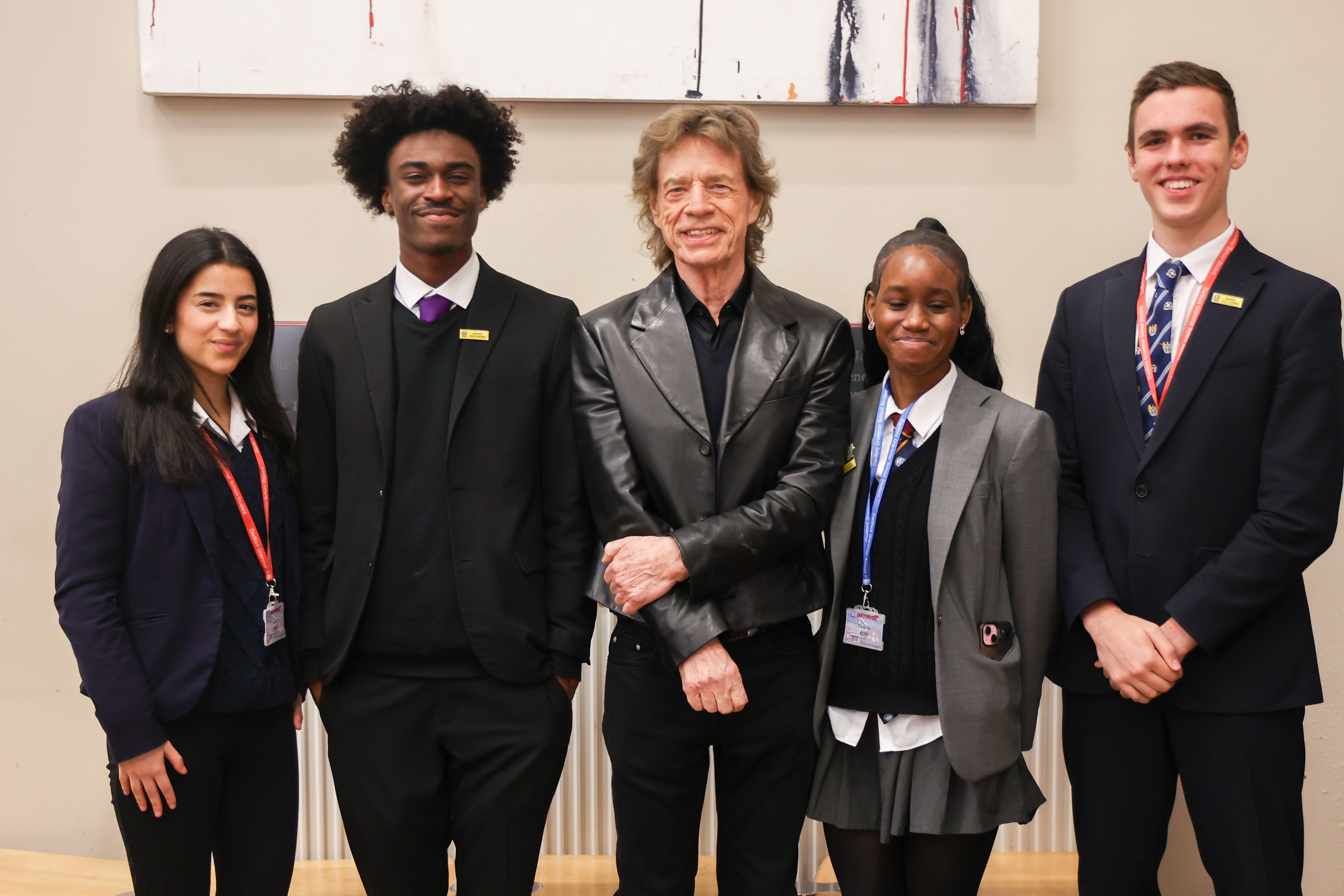 Mick Jagger with students at Dartford Grammar.
